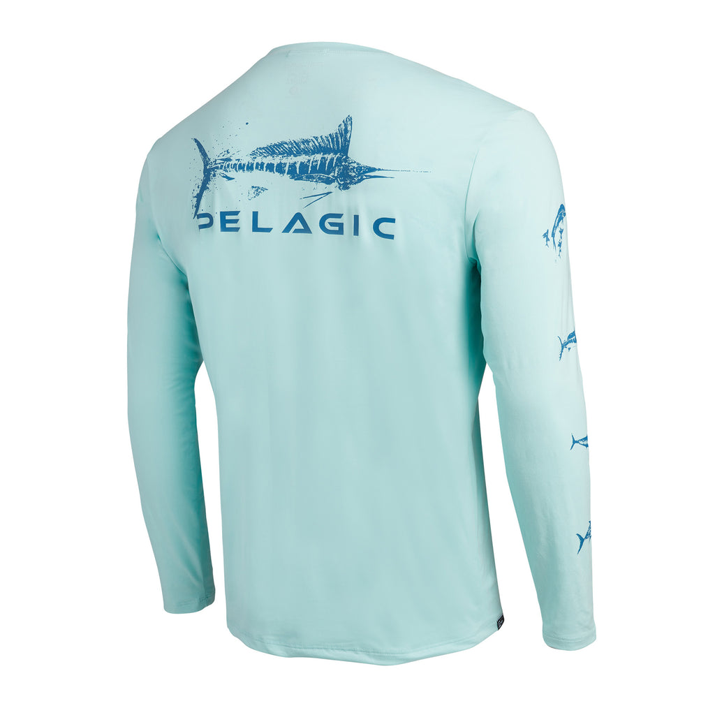 PELAGIC Stratos Gyotaku Marlin Performance Shirt, Short Sleeve UPF