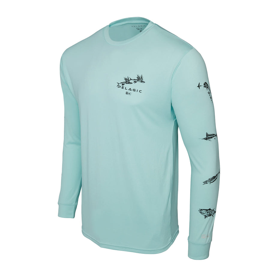 PELAGIC Aquatek Gyotaku Chemise de pêche à capuche, manches longues, protection UPF 50+, toucher ultra doux PELAGIC Aquatek Gyotaku Chemise de pêche à capuche, manches longues, protection UPF 50+, toucher ultra doux