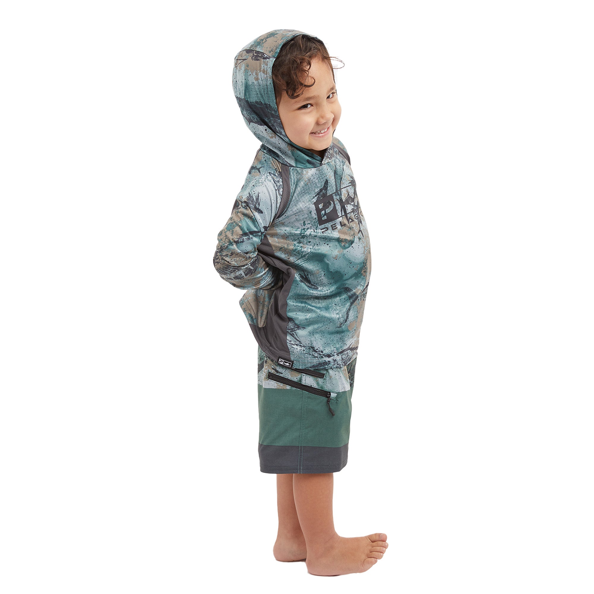 Pelagic Kid's Vaportek Hooded L/S Fishing Shirt-Army green-4T