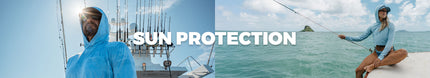 man and woman wearing a blue sun protection garment on a boat and by the water, with 'Sun Protection' text overlay.