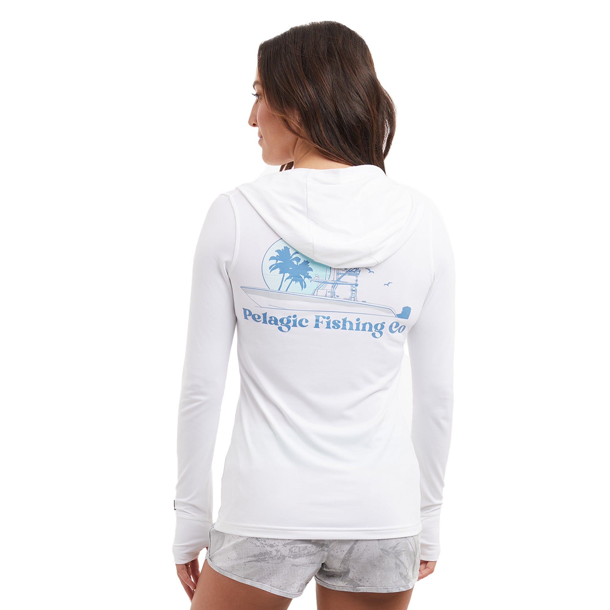 Pelagic Women's Aquatek Evening Fade Hooded Fishing Shirt S / White