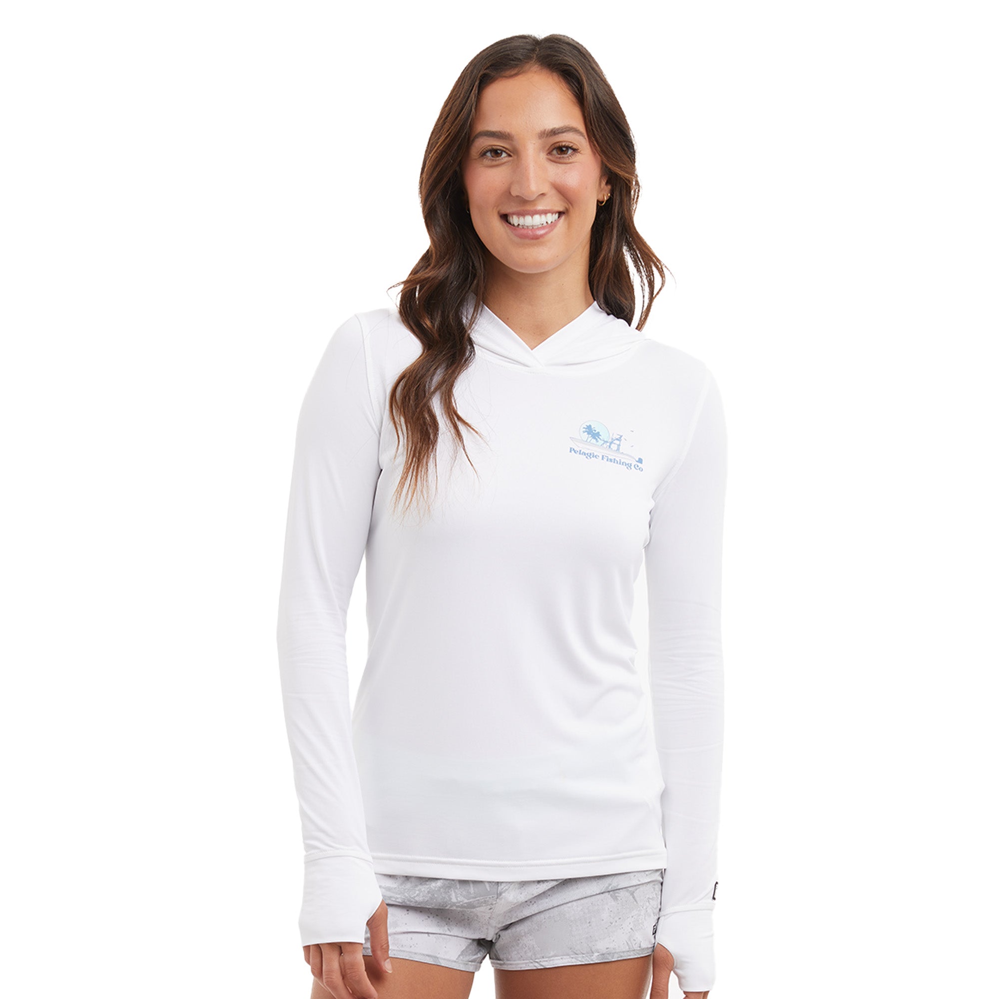 Pelagic Women's Aquatek Evening Fade Hooded Fishing Shirt S / White